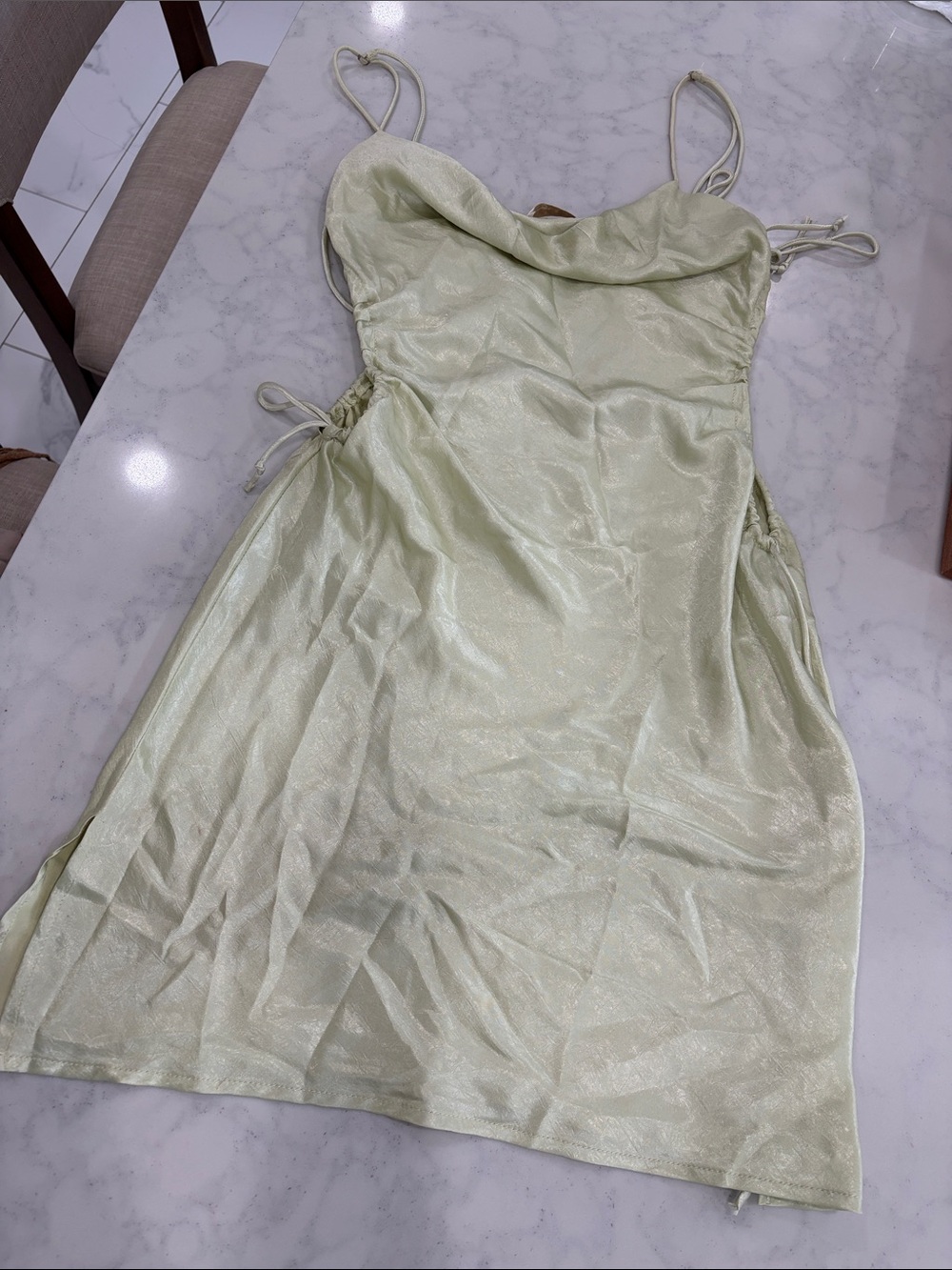 Satin Cowl Neck Slip Dress in Pale Green